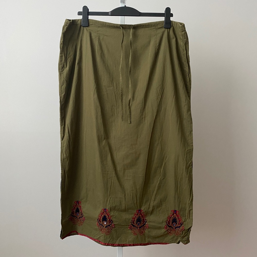 Venezia Jeans Cotton Boho Lagenlook Embroidered Beaded Maxi Skirt 18/20 Green